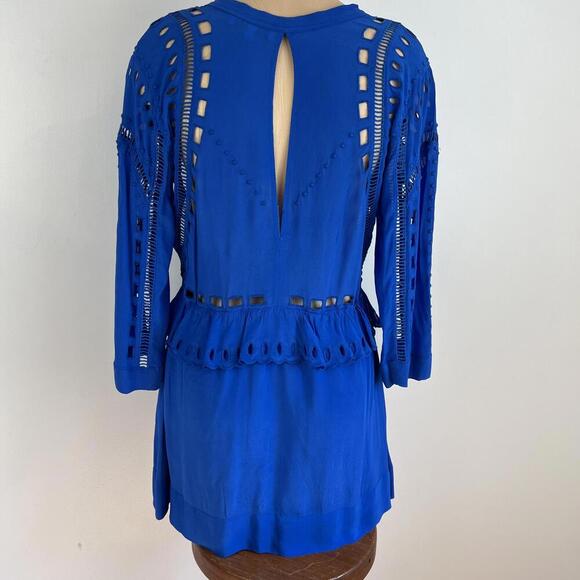 IRO Size 36 EU 4 / 6 US Cobalt Blue Long Sleeve Cutout Mini Dress Lagenlook BOHO - Picture 4 of 14